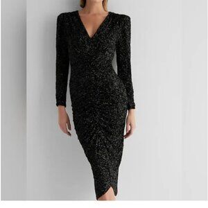 Express V-Neck Puff Sleeve Ruched Midi Sequin Dress